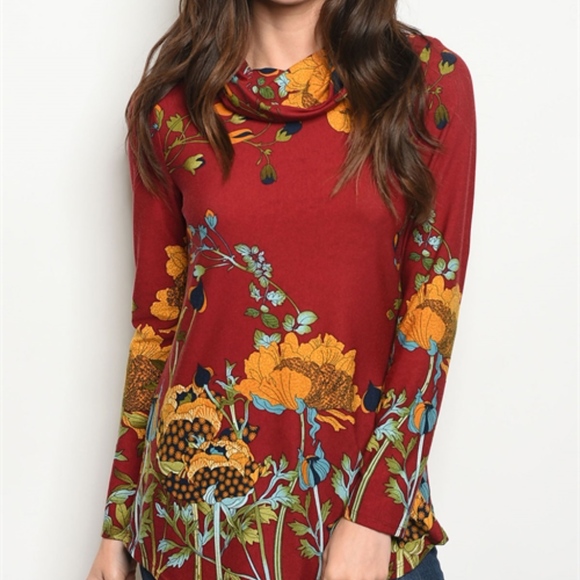 Long sleeve cowl neck floral print tunic top. - Picture 2 of 7